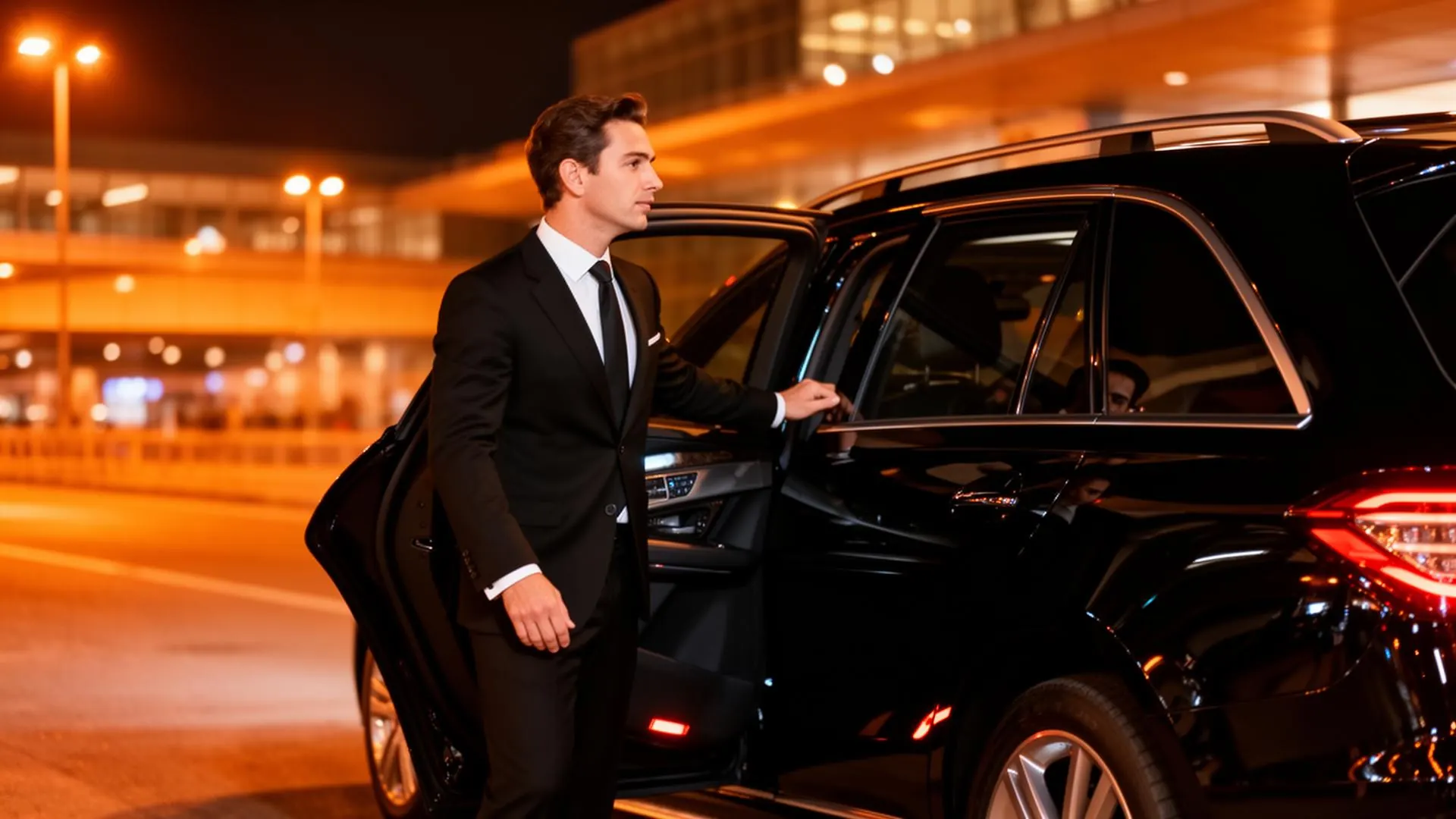 Professional chauffeur in black suit opening rear door of executive black SUV at night